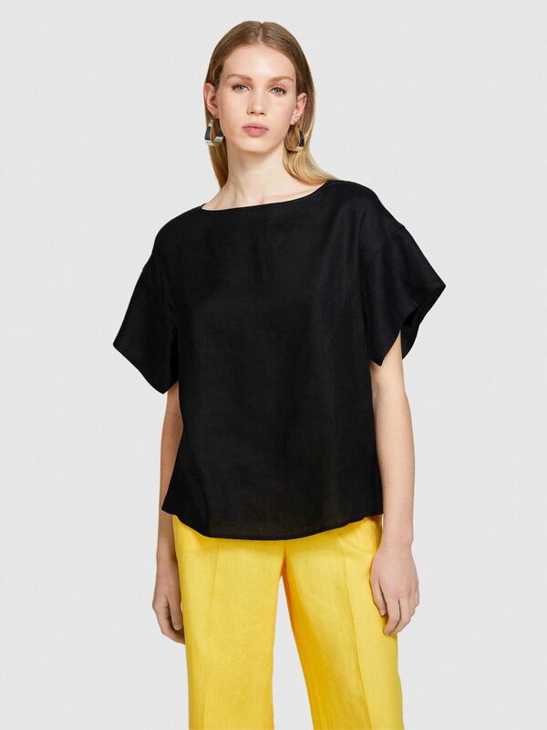 Sisley - %100 Keten Rahat Kesim Kayık Yaka Bluz Kadın Siyah Bluz - 324P5BMLLQ06R