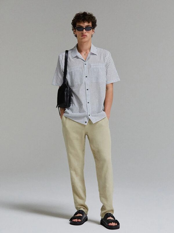 Sisley - %100 Keten Slim Comfort Fit Pantolon Erkek Bej Pantolon - 325P4AGHSF049