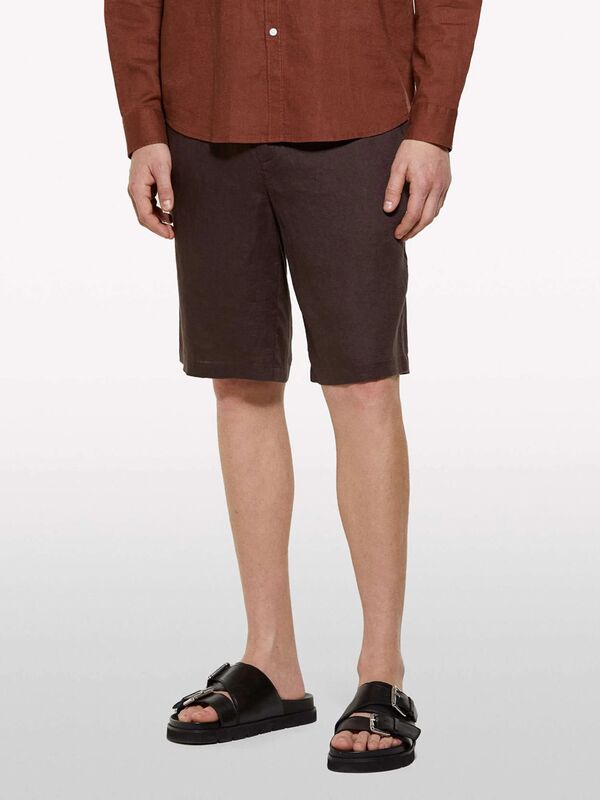 %100 Keten Slim Fit Bermuda Şort Erkek Kahverengi Şort - 325P4AGHS9010