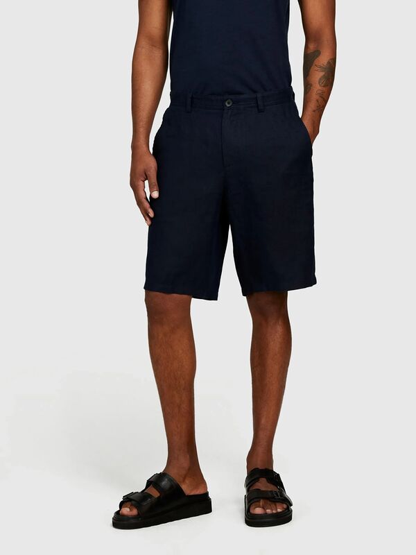 %100 Keten Slim Fit Bermuda Şort Erkek Lacivert Şort - 325P4AGHS9010