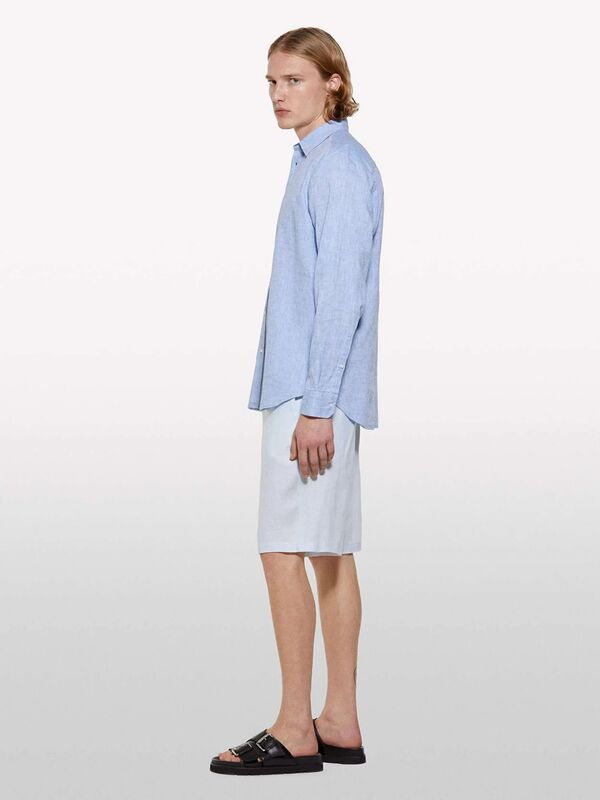 %100 Keten Slim Fit Bermuda Şort Erkek Mavi Şort - 325P4AGHS9010