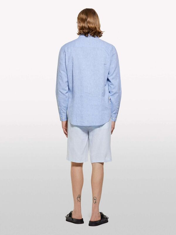 %100 Keten Slim Fit Bermuda Şort Erkek Mavi Şort - 325P4AGHS9010