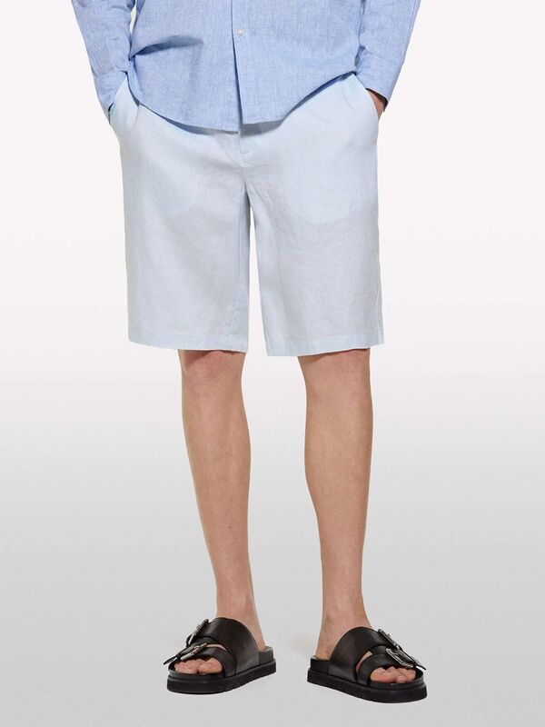 %100 Keten Slim Fit Bermuda Şort Erkek Mavi Şort - 325P4AGHS9010