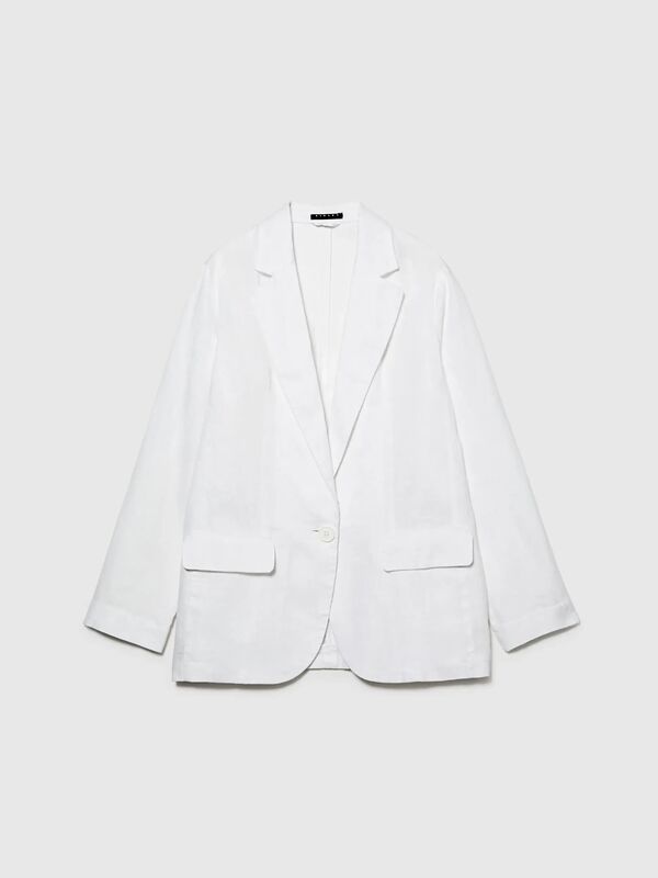 %100 Keten Tek Düğmeli Blazer Ceket Kadın Beyaz Ceket - 325P2AGHLW019