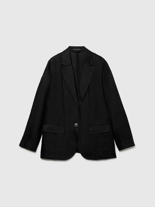 %100 Keten Tek Düğmeli Blazer Ceket Kadın Siyah Ceket - 325P2AGHLW019