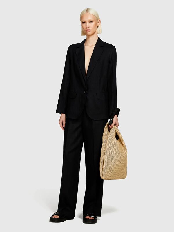 Sisley - %100 Keten Tek Düğmeli Blazer Ceket Kadın Siyah Ceket - 325P2AGHLW019