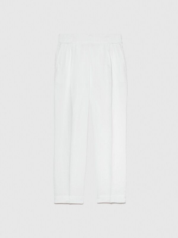 %100 Keten Yanları Elastik Önü Pileli Pantolon Kadın Beyaz Pantolon - 324P4AGHLF00S