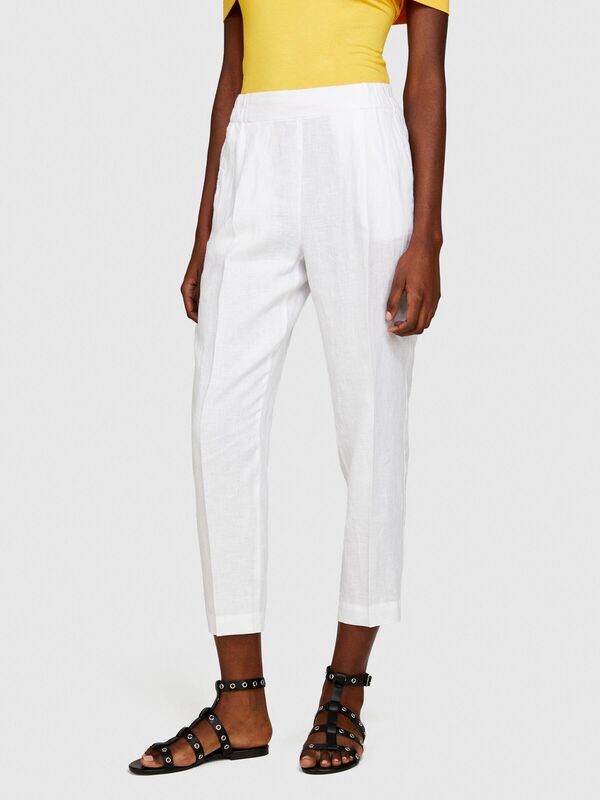 %100 Keten Yanları Elastik Önü Pileli Pantolon Kadın Beyaz Pantolon - 324P4AGHLF00S