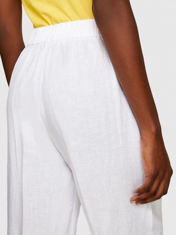 %100 Keten Yanları Elastik Önü Pileli Pantolon Kadın Beyaz Pantolon - 324P4AGHLF00S