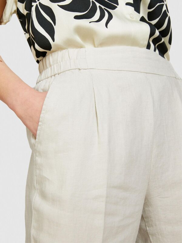 %100 Keten Yanları Elastik Önü Pileli Pantolon Kadın Gri Pantolon - 324P4AGHLF00S