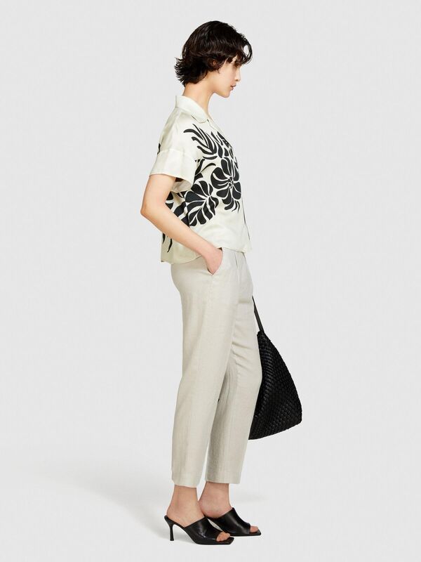 %100 Keten Yanları Elastik Önü Pileli Pantolon Kadın Gri Pantolon - 324P4AGHLF00S