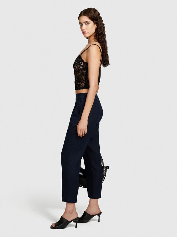 %100 Keten Yanları Elastik Önü Pileli Pantolon Kadın Lacivert Pantolon - 324P4AGHLF00S