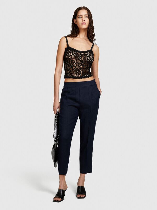 Sisley - %100 Keten Yanları Elastik Önü Pileli Pantolon Kadın Lacivert Pantolon - 324P4AGHLF00S