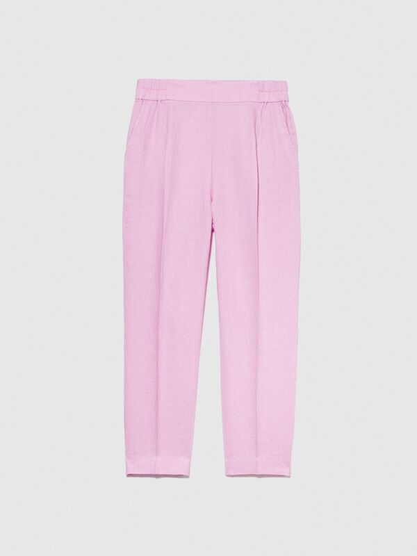 %100 Keten Yanları Elastik Önü Pileli Pantolon Kadın Sarı Pantolon - 324P4AGHLF00S