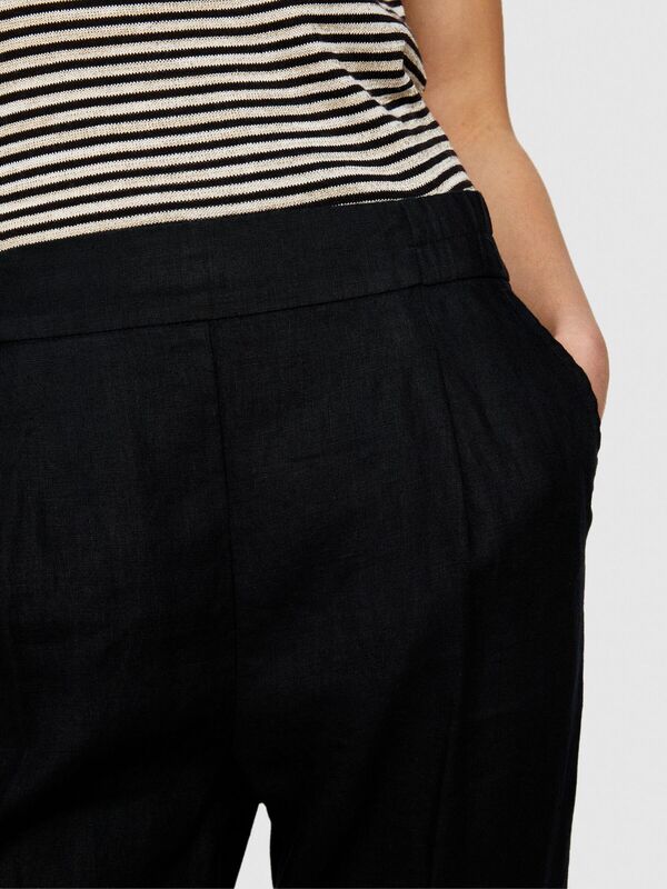 %100 Keten Yanları Elastik Önü Pileli Pantolon Kadın Siyah Pantolon - 324P4AGHLF00S