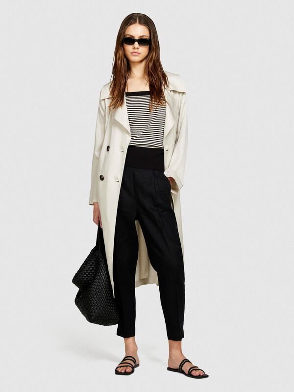 %100 Keten Yanları Elastik Önü Pileli Pantolon Kadın Siyah Pantolon - 324P4AGHLF00S