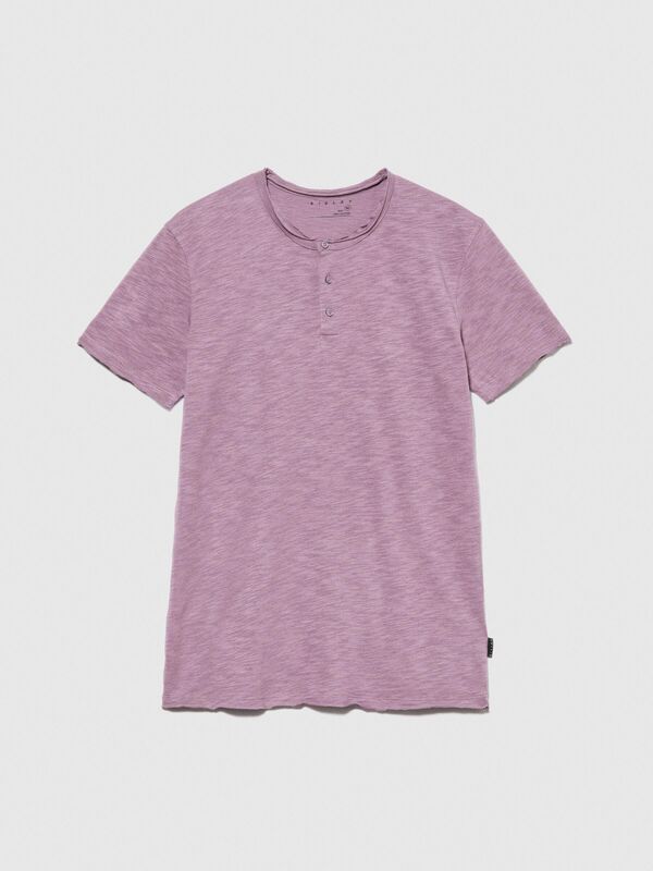 %100 Koton Slim Fit Düğme Detayli Slub T-Shirt Erkek Mor T-Shirt - 323A3YR7S1009