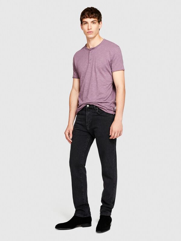 %100 Koton Slim Fit Düğme Detayli Slub T-Shirt Erkek Mor T-Shirt - 323A3YR7S1009