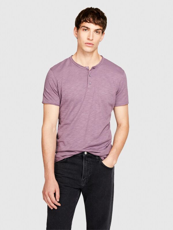 %100 Koton Slim Fit Düğme Detayli Slub T-Shirt Erkek Mor T-Shirt - 323A3YR7S1009