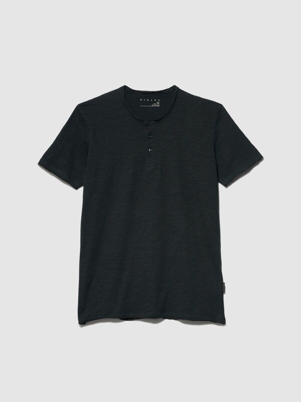 %100 Koton Slim Fit Düğme Detayli Slub T-Shirt Erkek Siyah T-Shirt - 323A3YR7S1009