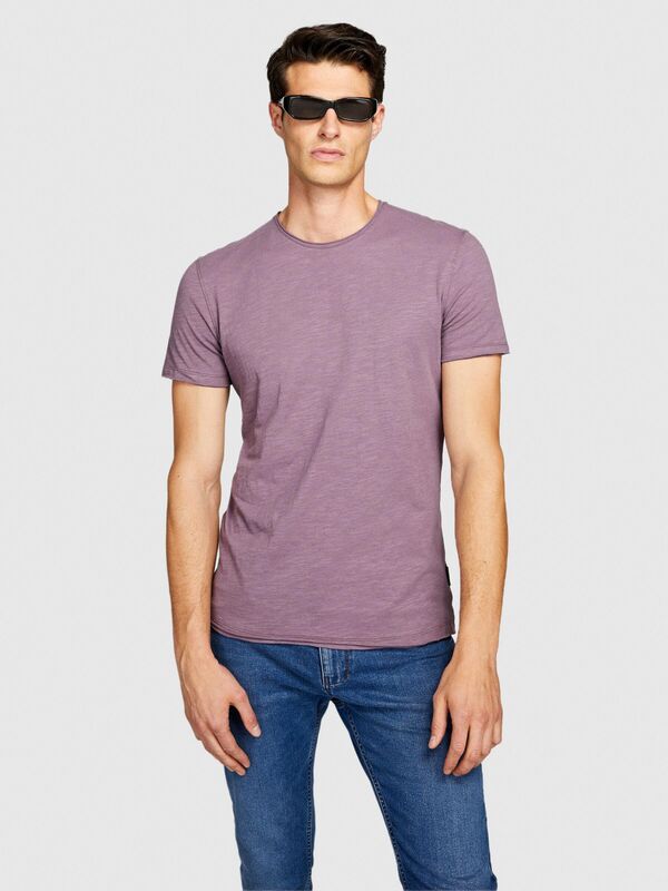 Sisley - %100 Koton Slim Fit Slub T-Shirt Erkek Mor T-Shirt - 323A3YR7S101K