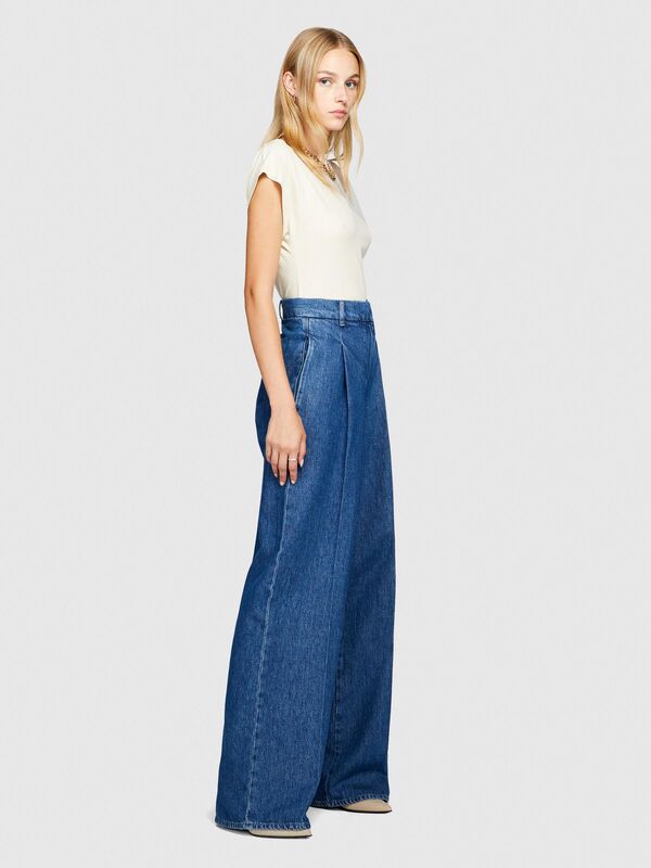 %100 Koton Yüksek Bel Geniş Paça Denim Chino Pantolon Kadın Renkli Pantolon - 323A4V8JLF03N