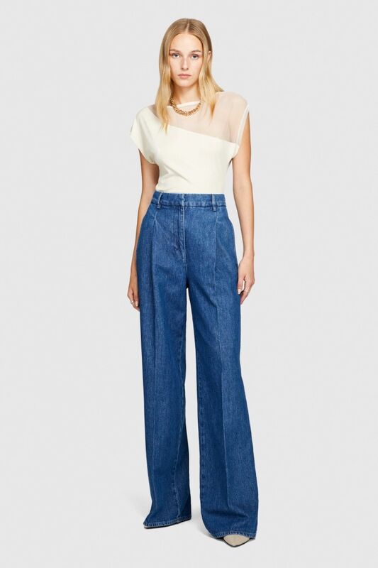 %100 Koton Yüksek Bel Geniş Paça Denim Chino Pantolon Kadın Renkli Pantolon - 323A4V8JLF03N