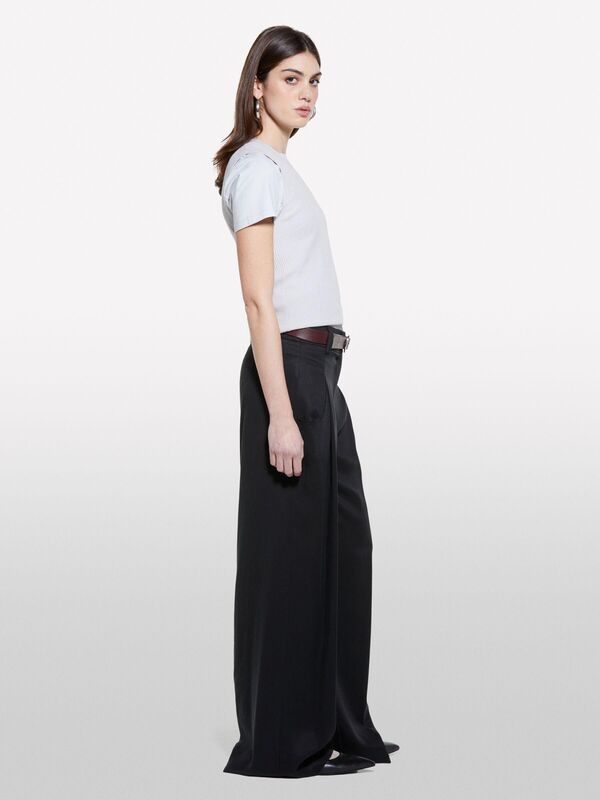 %100 Liyosel Pile Detaylı Palazzo Pantolon Kadın Siyah Pantolon - 325P4V7PLF06N