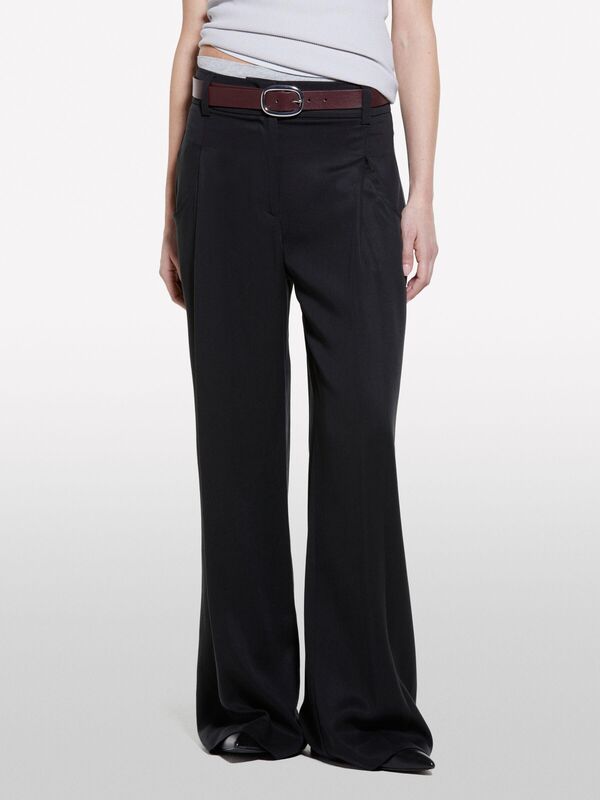 %100 Liyosel Pile Detaylı Palazzo Pantolon Kadın Siyah Pantolon - 325P4V7PLF06N