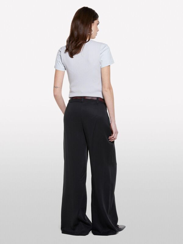 Sisley - %100 Liyosel Pile Detaylı Palazzo Pantolon Kadın Siyah Pantolon - 325P4V7PLF06N