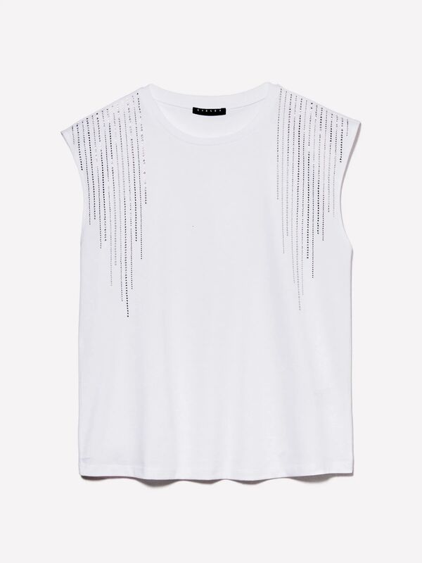 %100 Pamuk Aplikeli Bisiklet Yaka Kolsuz Bluz Kadın Beyaz Bluz - 324A351SL106J