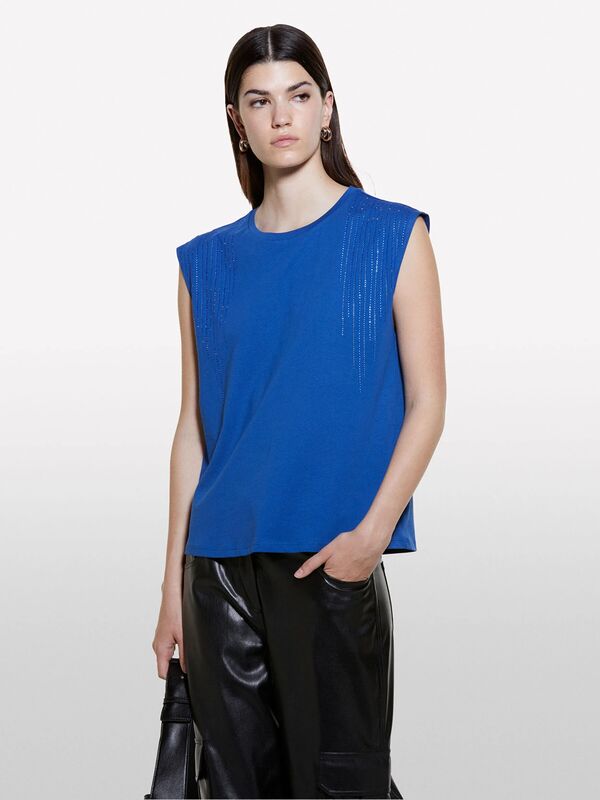 %100 Pamuk Aplikeli Bisiklet Yaka Kolsuz Bluz Kadın Saks Mavisi Bluz - 324A351SL106J