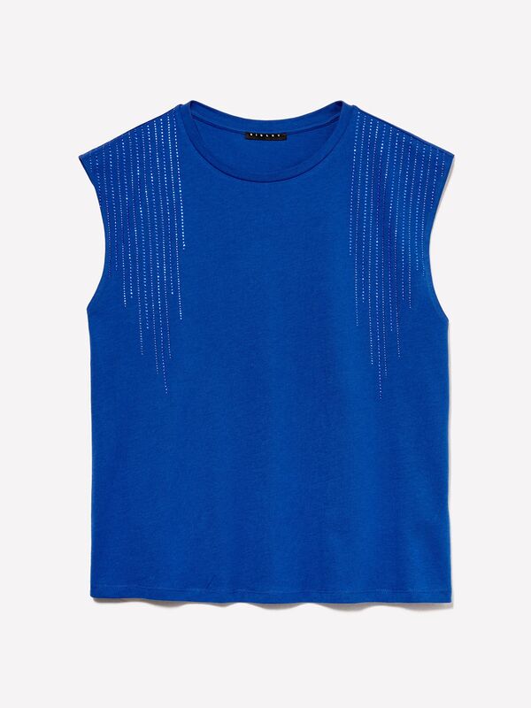 %100 Pamuk Aplikeli Bisiklet Yaka Kolsuz Bluz Kadın Saks Mavisi Bluz - 324A351SL106J