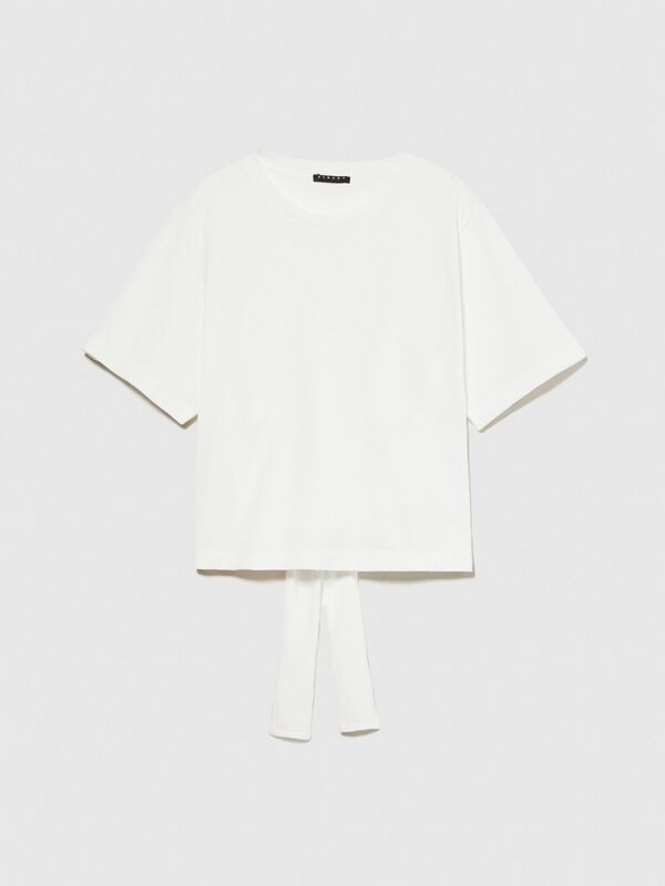 %100 Pamuk Arkası Bağlanabilir İpli Bisiklet Yaka T-Shirt Kadın Kırık Beyaz T-Shirt - 324P3B4BL105G