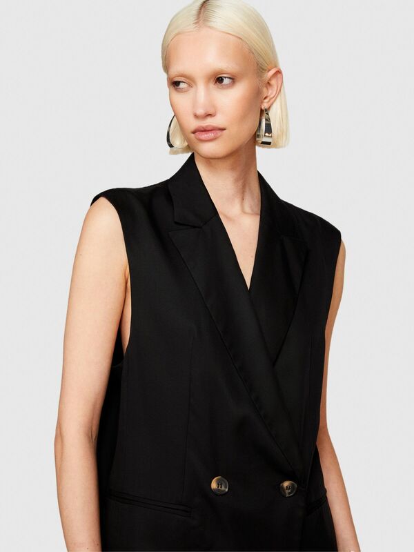 %100 Pamuk Astar Maskülen Kesin Geniş V Yaka Kruvaze Yelek Kadın Siyah Yelek - 324P283GLJ00I