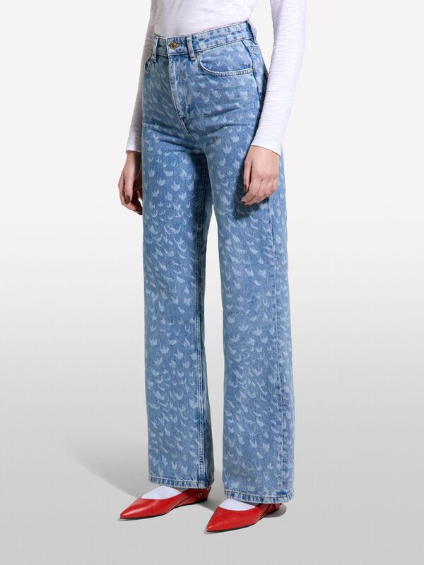 %100 Pamuk Baskılı Normal Bel Geniş Paça Denim Pantolon Kadın Buz mavisi Denim Pantolon - 325P43Y3LE04F