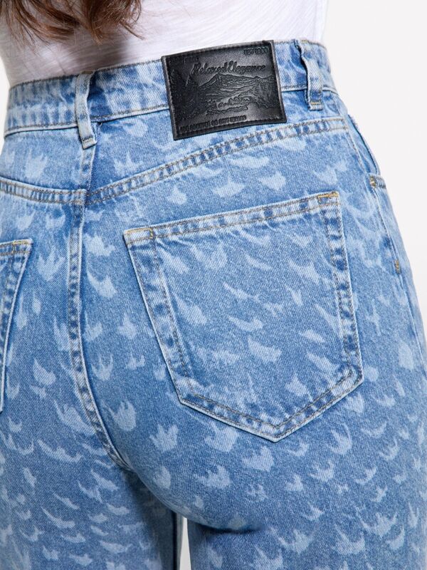 %100 Pamuk Baskılı Normal Bel Geniş Paça Denim Pantolon Kadın Buz mavisi Denim Pantolon - 325P43Y3LE04F