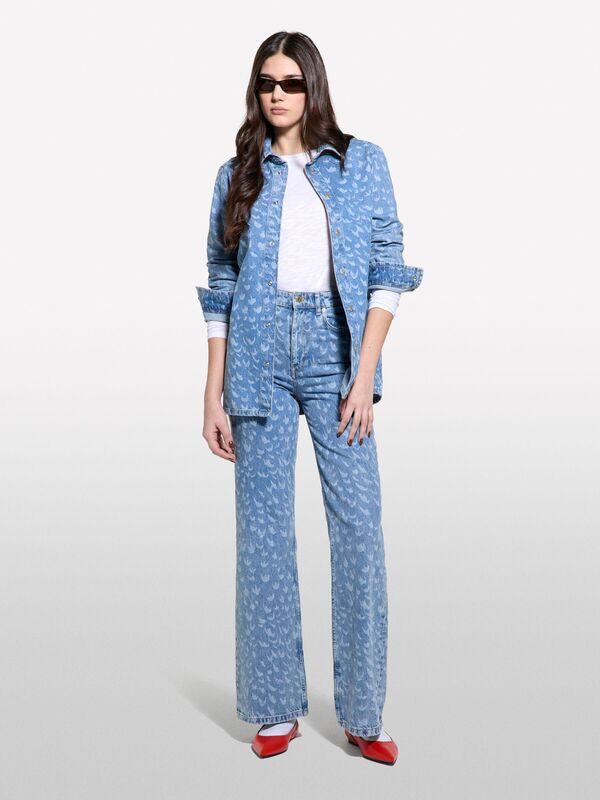 Sisley - %100 Pamuk Baskılı Normal Bel Geniş Paça Denim Pantolon Kadın Buz mavisi Denim Pantolon - 325P43Y3LE04F