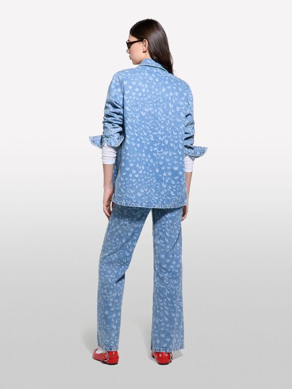 %100 Pamuk Baskılı Normal Bel Geniş Paça Denim Pantolon Kadın Buz mavisi Denim Pantolon - 325P43Y3LE04F