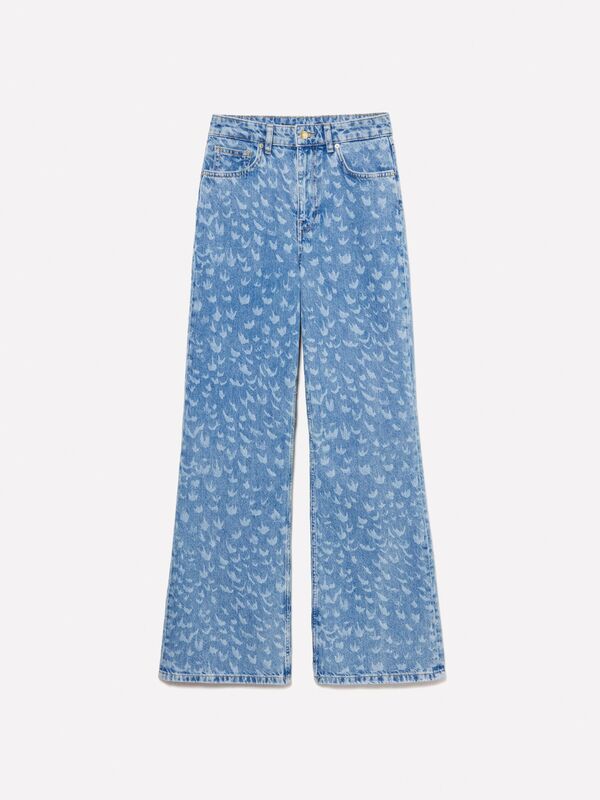 %100 Pamuk Baskılı Normal Bel Geniş Paça Denim Pantolon Kadın Buz mavisi Denim Pantolon - 325P43Y3LE04F