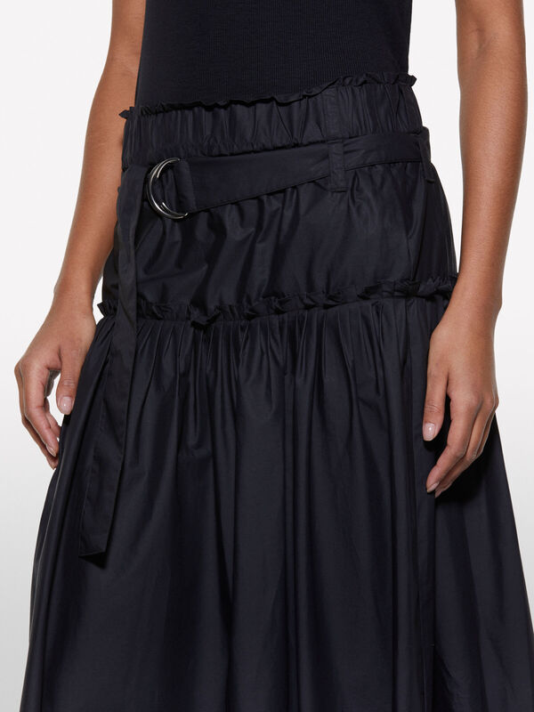 %100 Pamuk Beli Lastikli Kemerli Pileli Uzun Etek Kadın Siyah Etek - 325P4XUCL002Q