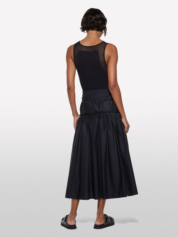 %100 Pamuk Beli Lastikli Kemerli Pileli Uzun Etek Kadın Siyah Etek - 325P4XUCL002Q