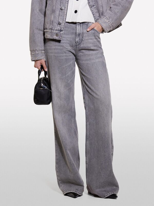 %100 Pamuk Beş Cepli Geniş Paça Normal Bel Denim Pantolon Kadın Siyah Pantolon - 324A4YRZLE03W