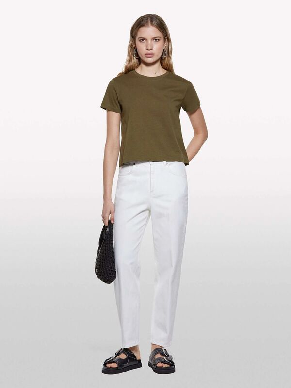 Sisley - %100 Pamuk Bisiklet Yaka Boxy Fit T-Shirt Kadın Haki T-Shirt - 325P3I1XL107A