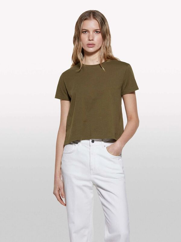 %100 Pamuk Bisiklet Yaka Boxy Fit T-Shirt Kadın Haki T-Shirt - 325P3I1XL107A