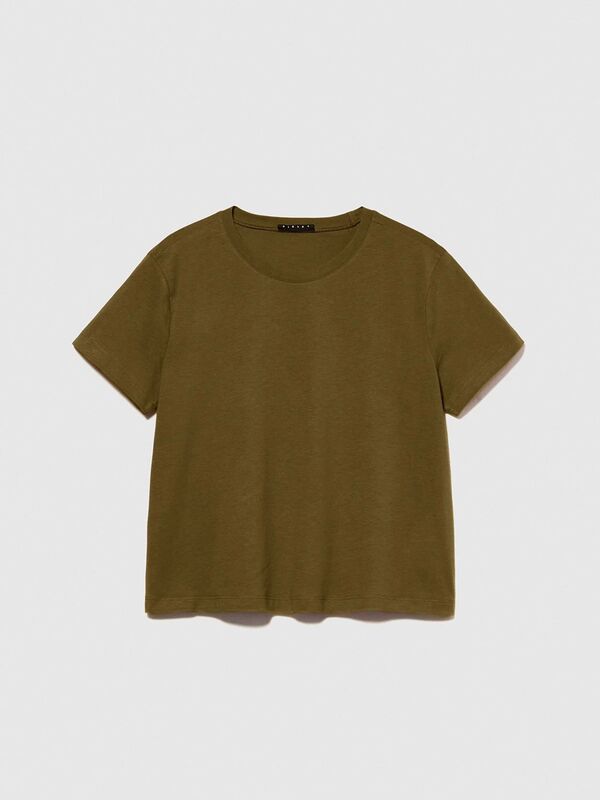 %100 Pamuk Bisiklet Yaka Boxy Fit T-Shirt Kadın Haki T-Shirt - 325P3I1XL107A
