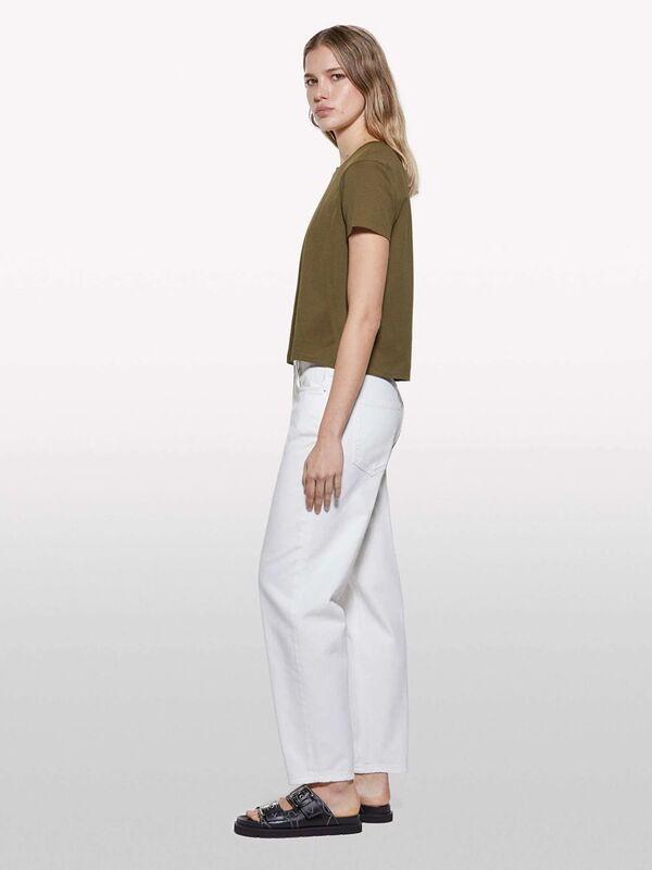 %100 Pamuk Bisiklet Yaka Boxy Fit T-Shirt Kadın Haki T-Shirt - 325P3I1XL107A