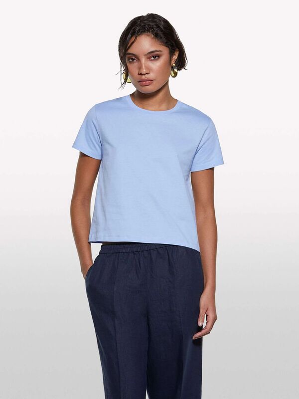 %100 Pamuk Bisiklet Yaka Boxy Fit T-Shirt Kadın Mavi T-Shirt - 325P3I1XL107A