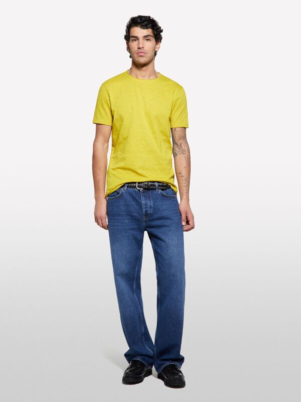 %100 Pamuk Bisiklet Yaka Slim Fit Slub T-Shirt Erkek Hardal Sarı T-Shirt - 325P3WF0S101K