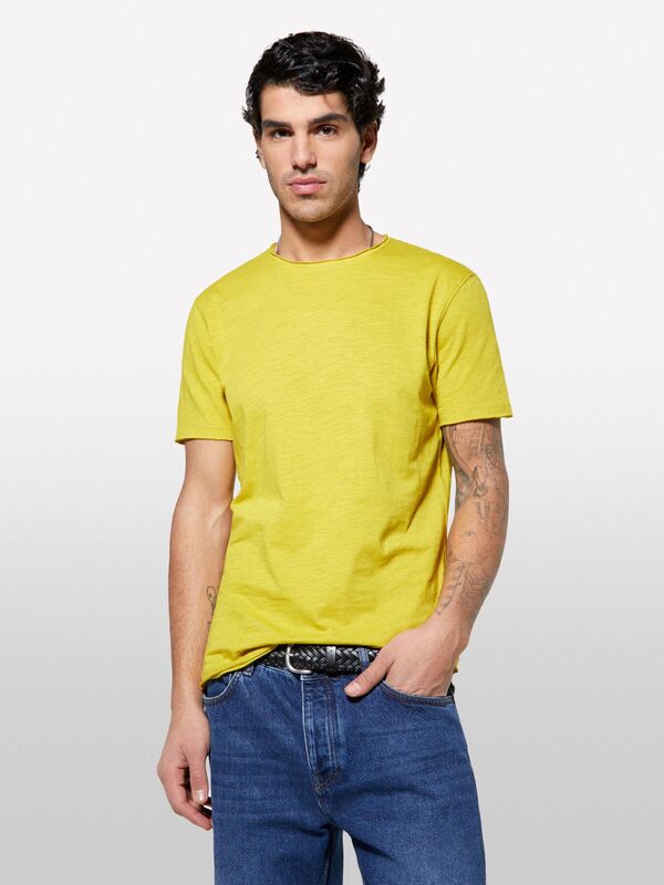 %100 Pamuk Bisiklet Yaka Slim Fit Slub T-Shirt Erkek Hardal Sarı T-Shirt - 325P3WF0S101K